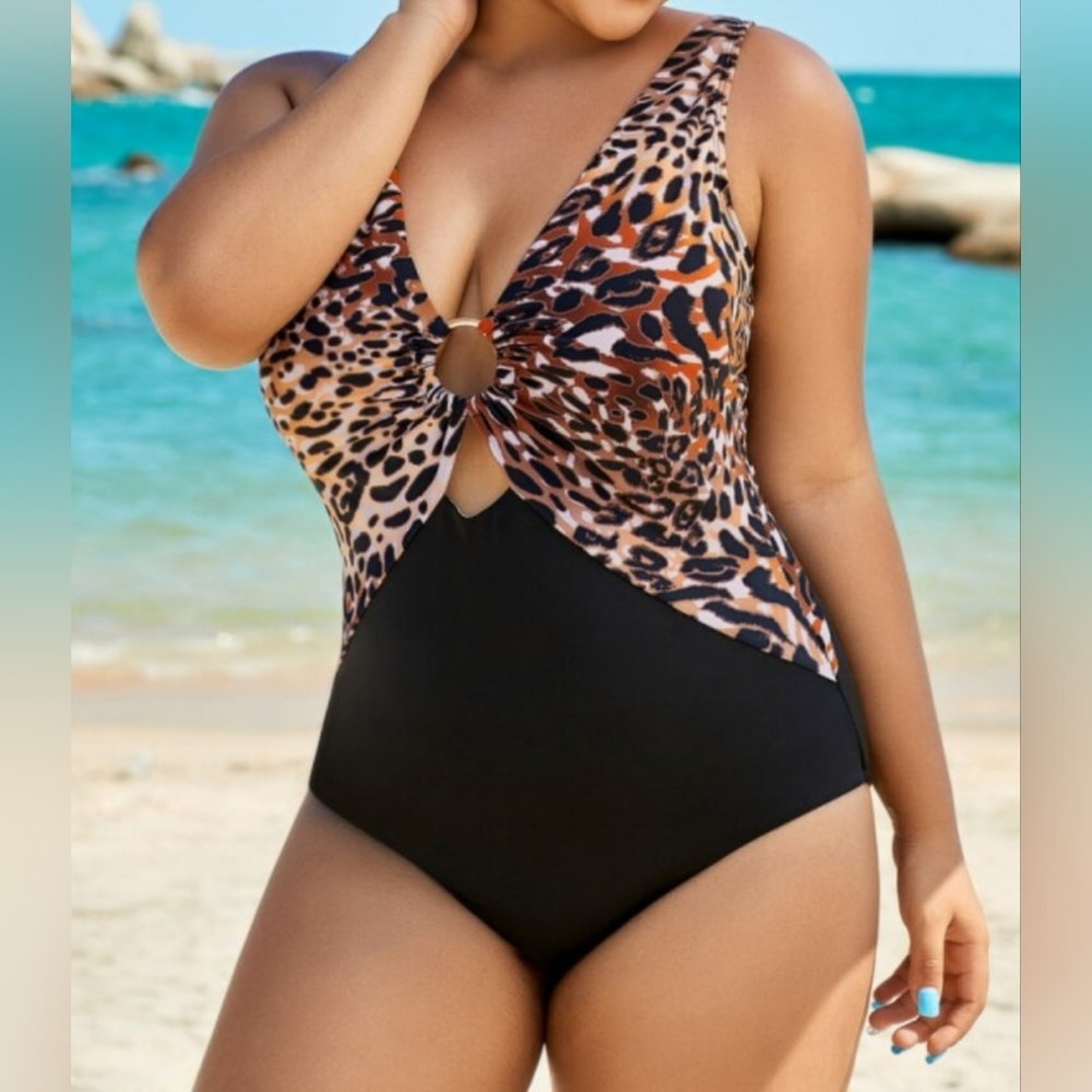 Black Leopard Print Ring Plunge One Piece Swimsuit Size 2XL